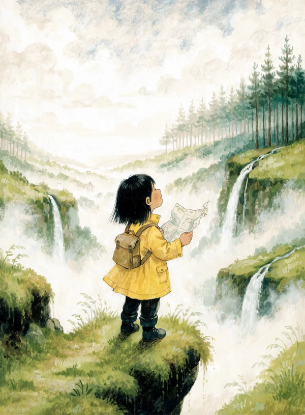 A boy in a yellow raincoat with a rucksack, standing on a mossy cliff holding a paper map, looking out over a misty green valley with waterfalls