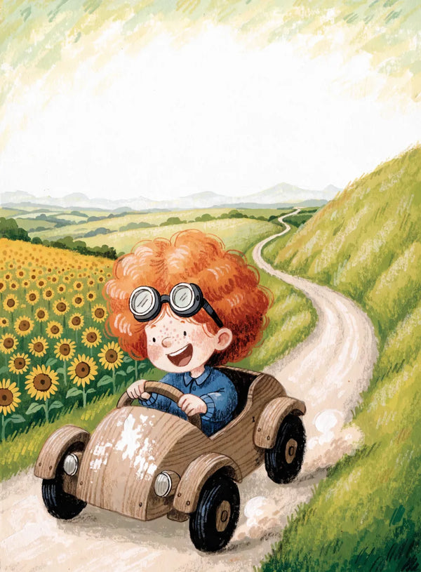 A child with curly ginger hair, freckles and goggles, laughing as they drive a small wooden race car down a country road past sunflower fields