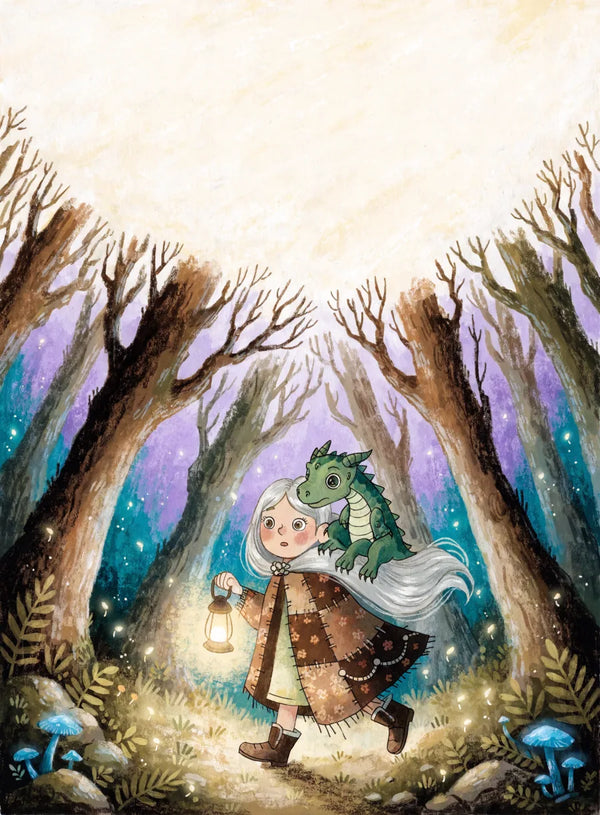 A girl with long silver-blonde hair in a patchwork cloak, carrying a glowing lantern into a twilight forest with a small green dragon on her shoulder