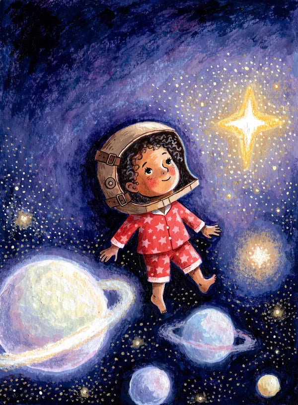 A young girl with dark curly hair in red star pyjamas and a cardboard space helmet, floating among pastel planets in a deep blue night sky